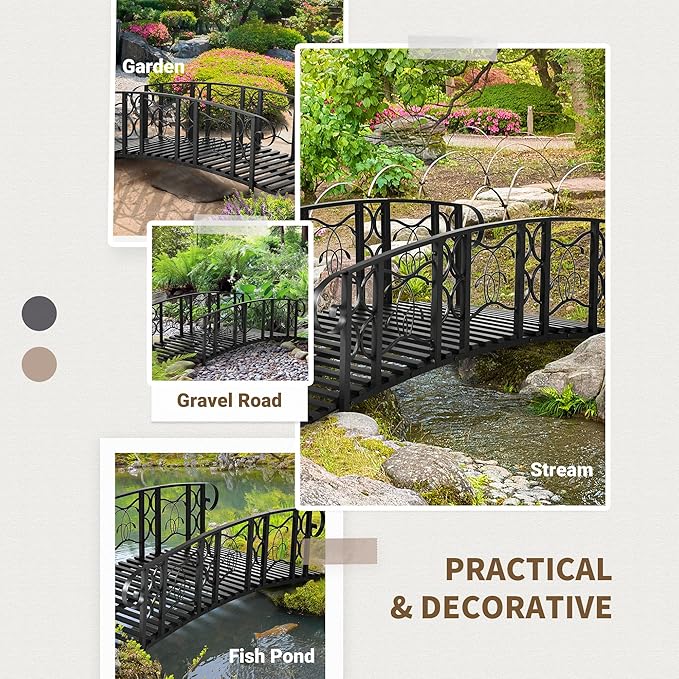 Outsunny 6' Metal Arch Backyard Garden Bridge with 660 lbs. Weight Capacity, Safety Siderails, Vine Motifs, Easy Assembly for Backyard Creek, Stream, Pond, Black