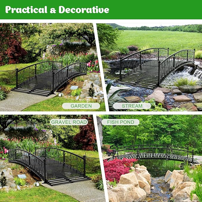 Metal Garden Bridge 8 FT, Durable Decorative Footbridge with Siderails Large Outdoor Bridges, Weight Capacity 770 lbs for Backyard, Creek, Lawn, Stream