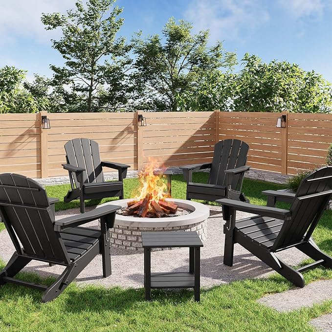 GarveeLife Folding Adirondack Chairs Set of 4 with 2 Side Table, HDPE Plastic Outdoor Chairs with Wood Texture - 380 LBS & Weather Resistant for Fire Pit, Deck, Patio, Pool, Backyard - Black