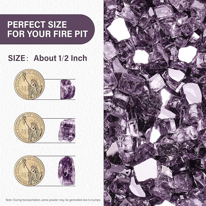 NUPICK 5 Pound Fire Glass, 1/2 Inch Reflective Fire Pit Glass, Tempered Firepit Glass Rock for Propane or Natural Gas, Glass Rocks for Fire Pit Table, Fireplace Glass for Landscaping, Violet