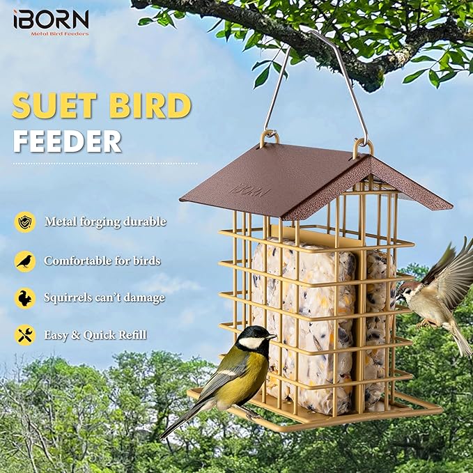 iBorn Suet Feeder for Outside Hanging,Suet Bird Feeders for Outdoors,Suet Holder with Squirrel Proof Hanger Hook,Suet Cage Bird Feeders,Woodpecker Feeder,Weatherproof Metal Roof,1 Pack,Muted Yellow