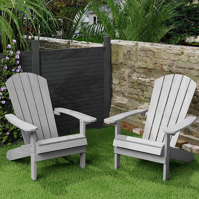 YEFU Adirondack Chairs Set of 2: Plastic Adirondack Chairs - Patio Chairs with Wood Texture - Outdoor Chair HIPS - Lawn Fire Pit Deck Porch Garden Chairs for Adults(Grey)