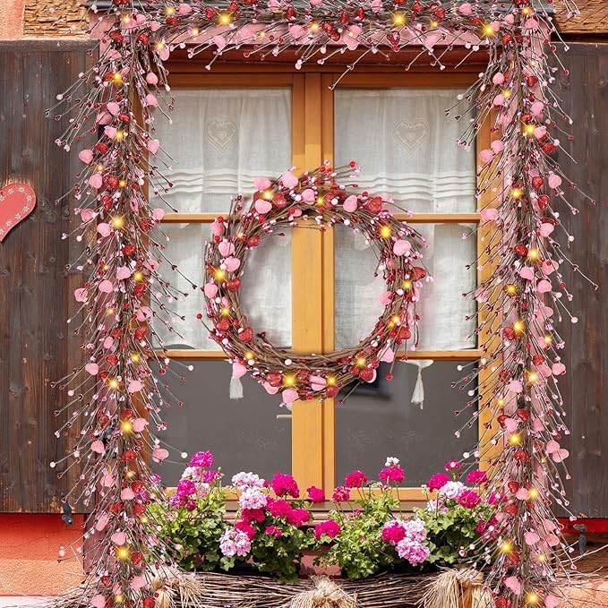 6.5 Ft Valentine's Day Berry Garland Twig Red Pink Berry Glitter Hearts Garland with LED Lights Artificial Vine for Valentines Wedding Anniversary Fireplace Mantel Table Home Wall Indoor Party Decor