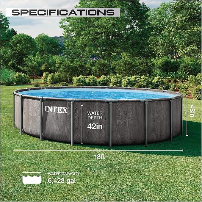 INTEX 26743EP Prism Frame Above Ground Swimming Pool Set: 18ft x 48in – Includes 1500 GPH Cartridge Filter Pump – Removable Ladder – Pool Cover – Ground Cloth