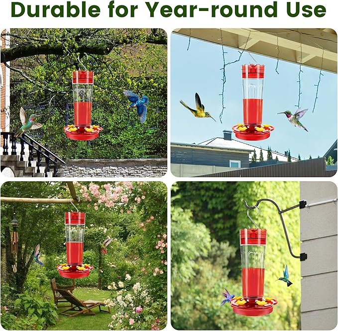 Hummingbird Feeders for Outdoors Hanging Ant and Bee Proof, 1 Pack 15 Ounces Red Hummingbird Feeder with 5 Feeding Ports and Perches, Built-in Ant Moat, Outside Garden Décor (Plastic, 1)
