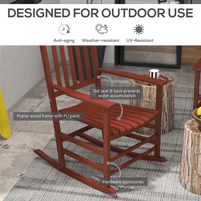 Outsunny Outdoor Rocking Chair Set of 2, Patio Rocking Chair with Smooth Curves, High Density Wooden Rockers for Lawn Garden Porch, Supports Up to 350lbs, Wine Red