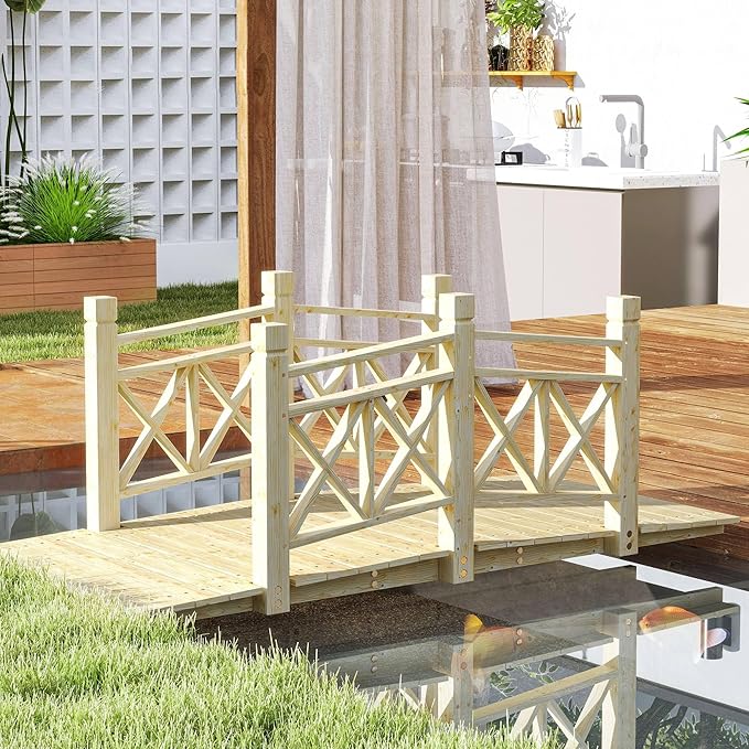 5FT Wooden Garden Bridge with Handrails, Decorative Landscape Footbridge for Yard, Pond, Farm or Creek - Rust-Resistant Cedar Construction, Easy Assembly & 300LB Capacity, Nature Wood