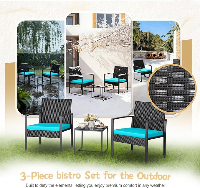 Greesum 3 Piece Wicker Conversation Bistro Sets Outdoor Patio Set Modern Rattan Chair Furniture Sets with Coffee Table for Yard Garden Porch Lawn (Blue)