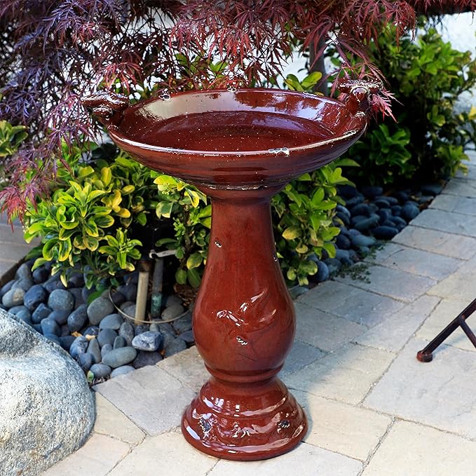 Alpine Corporation 25" Tall Outdoor Antique Ceramic Birdbath with 2 Bird Figurines - Vintage Style Garden Bird Bath Bowl for Patio, Yard, Lawn Decor, Red