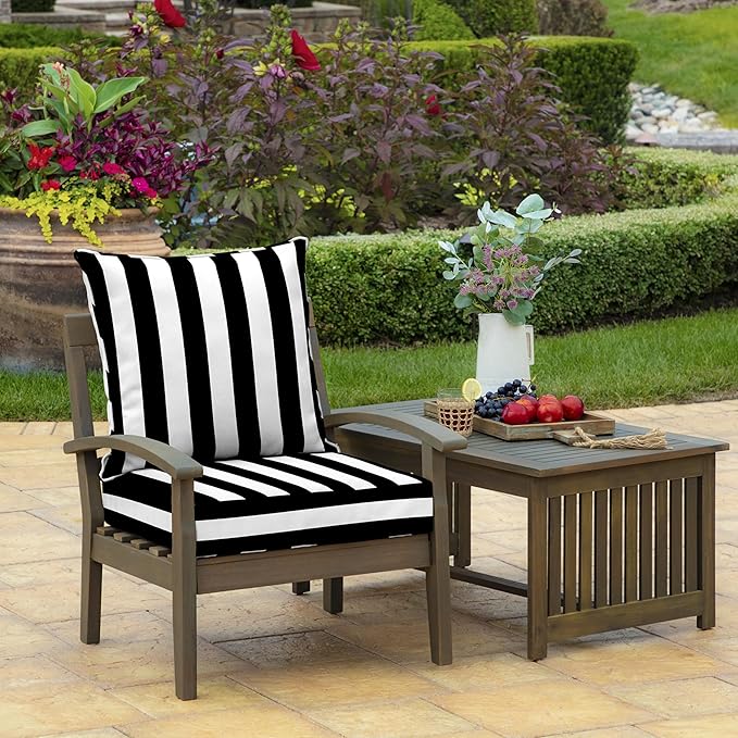 Arden Outdoor Foam Deep Seat Cushion Set, 22 in x 24 in, Weather-Proof, Rain-Proof, Fade Resistant Patio Cushion, Bottom and Back Cushion for Chair, Sofa, and Couch Black Cabana Stripe