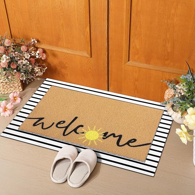 Tinideya 2 Pcs Summer Door Mat Non Slip Wildflower Coastal Hello Sunshine Sweet Home Ocean Pet Welcome Floor Doormat Buffalo Plaid Checked Stripe Mat Seasonal for Front Porch Entryway(Sun)
