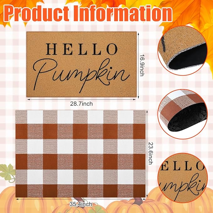 Tinideya 2 Pcs Fall Door Mat Hello Pumpkin Welcome Non Slip Coir Mats Thanksgiving Black White Plaid Harvest Floor Layering Doormats Seasonal for Front Porch Entryway Decor(Brown White Plaid)