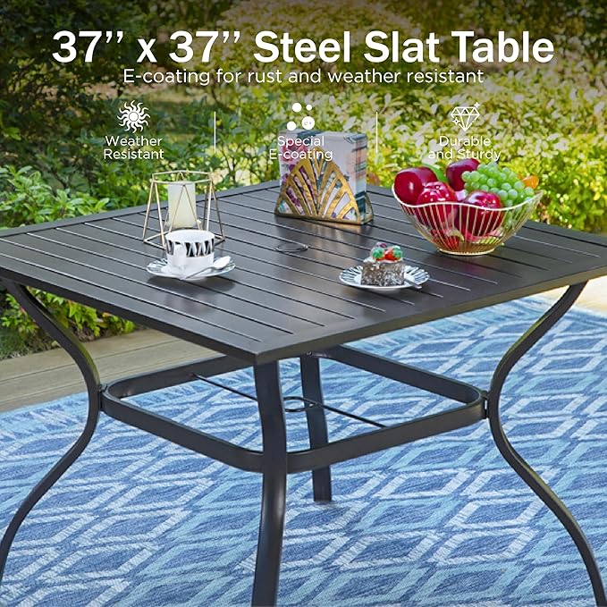 PHI VILLA Patio Dining Set 5 pcs with Umbrella(Orange Red),1 Square Metal Table& 4 Metal Outdoor Stackable Chairs and 1 10ft 3 Tier Auto-tilt Umbrella (Base Not Included)