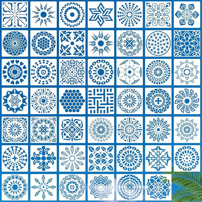 48 PCS Mandala Stencils Reusable Mandala Cookie Template Stencils for Painting for Coffee Cake Decorations Painting Rocks Wood Canvas Fabric Glass Pottery DIY Art Projects, 3.54 x 3.54 Inch