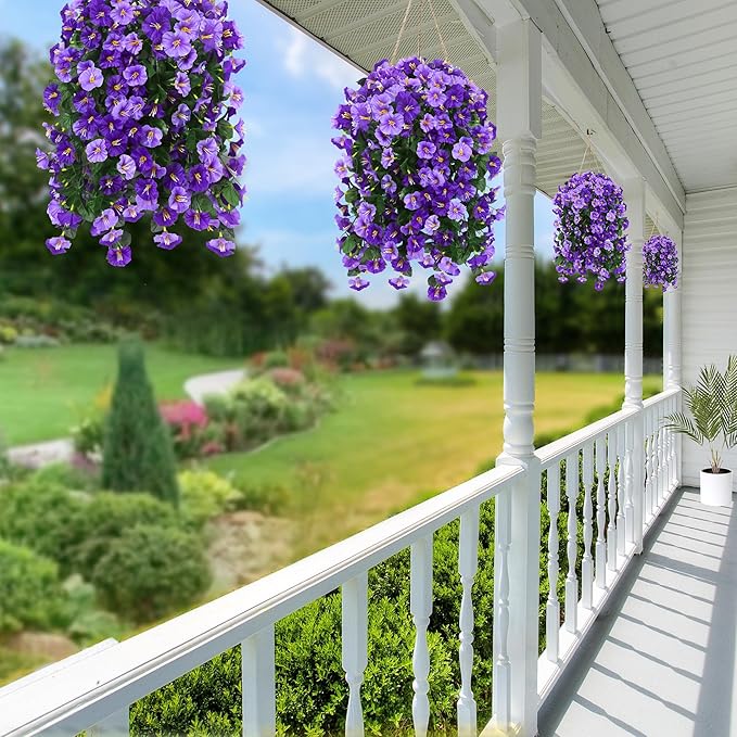 Sggvecsy Artificial Fake Hanging Flowers Plants Outdoor Outside Spring Summer Decoration 2PCS Faux Silk UV Resistant Morning Glory Trailing Vines for Home Porch Patio Balcony(Purple & Light Purple)
