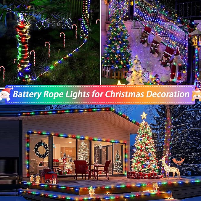 JMEXSUSS 2 Pack Battery Operated String Lights Outdoor, Total 200 LED 8 Modes Battery Powered Rope Lights with Remote &Timer, Christmas Light for Car Trampoline Tree Camping Garden Decor (Multicolor)
