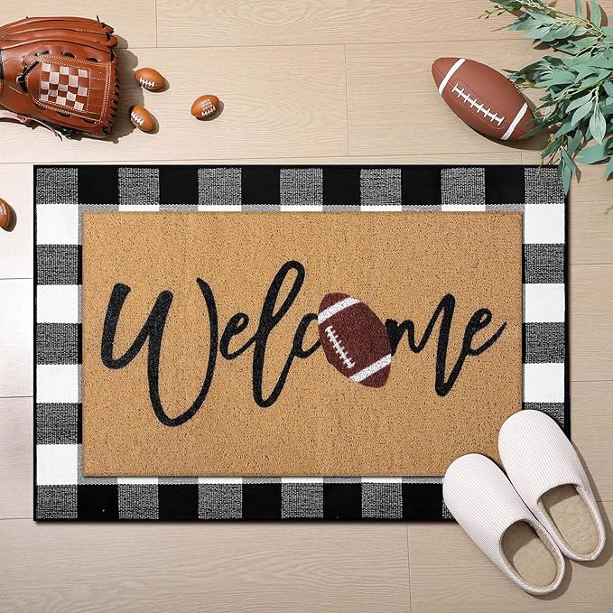 Tinideya 2 Pcs Football Door Mat Welcome Non Slip Coir Mats Funny Black White Buffalo Plaid Floor Layering Doormats Seasonal for Front Porch Entryway Decor(Football)