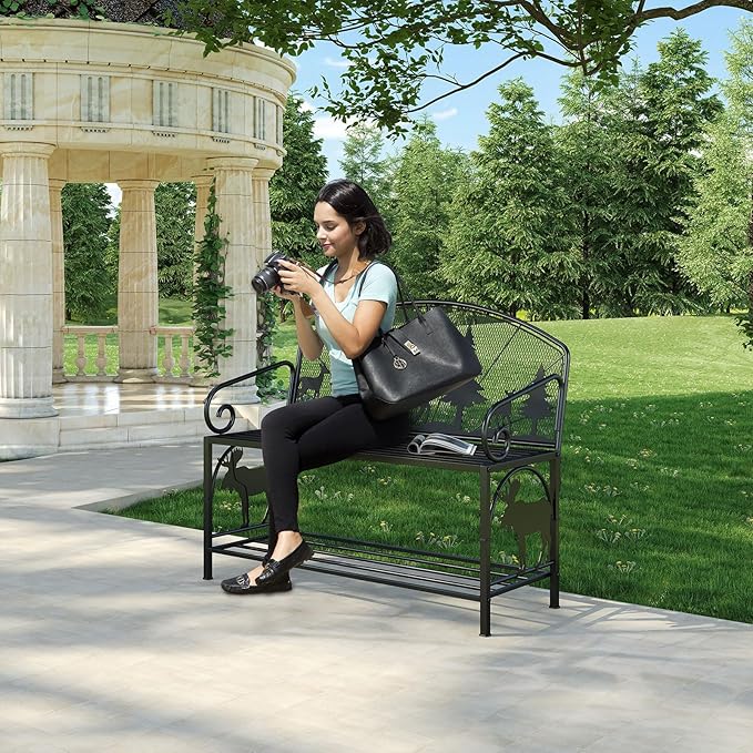 Outdoor Bench, Garden Bench with Backrest and Armrests, Patio Bench with Forest Series Pattern, Anti- Rust Thickened Metal Bench Outdoor for Garden, Yard, Patio, Porch, Lawn and Park