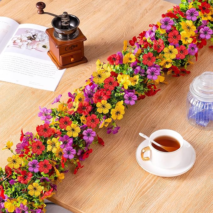 Artificial Flowers Garland Ivy, 4 Pack 5.9 FT Spring Summer Decor UV Resistant Fake Mums Floral Vine Silk Daisy Hanging Flower for Home Garden Wedding Decor Photo Booth Backdrop(Red purple yellow)