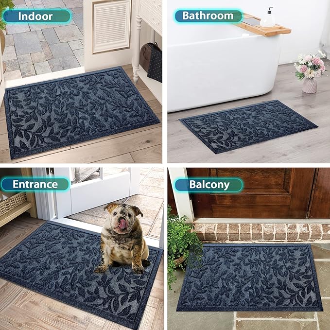 Bulijojo Sturdy Front Entrance Doormats,Durable Heavy Duty Welcome Mat,Thick Absorbent Natural Rubber Non Slip Mat,Easy Clean Entryway Mat 17x30 Inch Leaves Blue