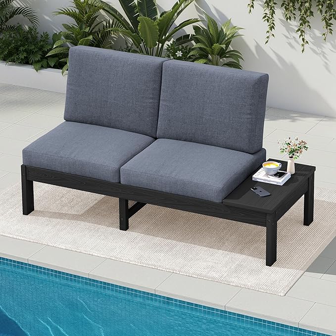 SERWALL HDPE Outdoor Loveseat Sofa, 2 Seats Patio Sofa, All-Weather Patio Conversation Sets with Adjustable Backrest Sofa for Backyard and Garden, Black Frame with Grey Cushion