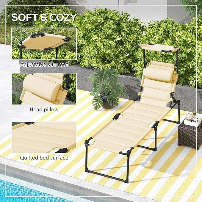 Outsunny Outdoor Lounge Chair, Adjustable Backrest Folding Chaise Lounge, Cushioned Tanning Chair with Sunshade Roof & Pillow Headrest for Beach, Camping, Hiking, Cream White