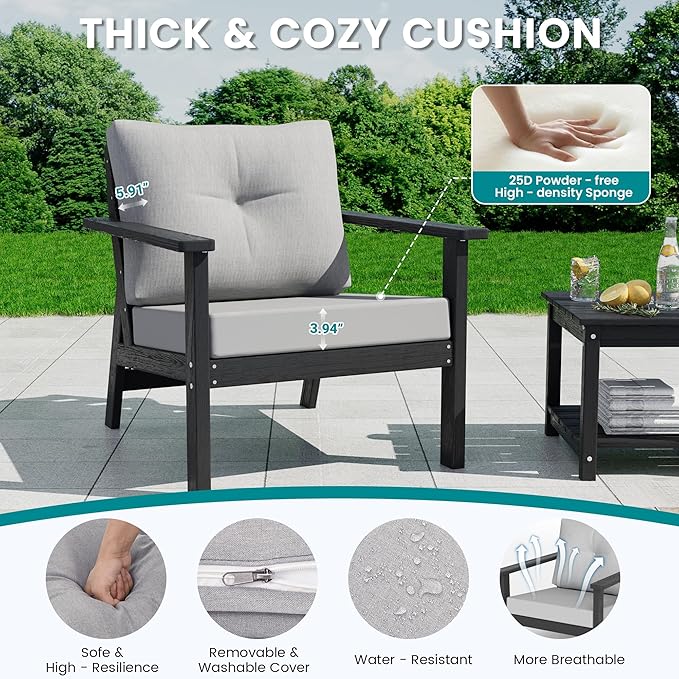 7-Piece HDPE Patio Furniture Set, Outdoor Sectional Sofa Set,All Weather Outdoor Couch with Dust-Free Cushions, Durable Patio Conversation Sets for Balcony, Porch, Black