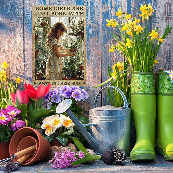 Funny Garden Signs for Outside Some Girls Are Just Born With Plants In Their Souls Metal Sign Vintage Outdoor Yard Decor 8 x 12 Inch