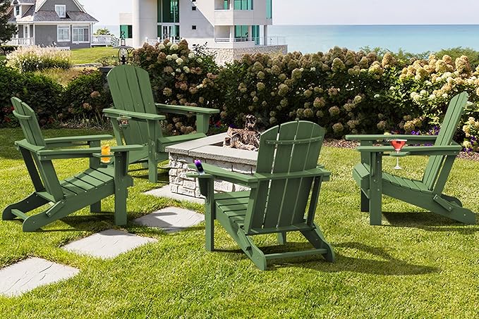 SERWALL Adirondack Chair with Cup Holders - Composite Adirondack Chairs Set of 8 HDPE Outdoor Chairs All Weather Use- Avocado