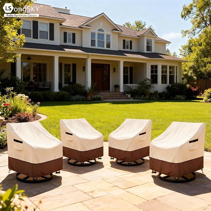 Outdoor Swivel Chair Cover 2 Pack,100% Waterproof Heavy Duty Patio Chair Covers,(35 W x 37 D x 38.5 H inches) Swivel Patio Chair for Outdoor Furniture Covers Waterproof,Beige&Brown