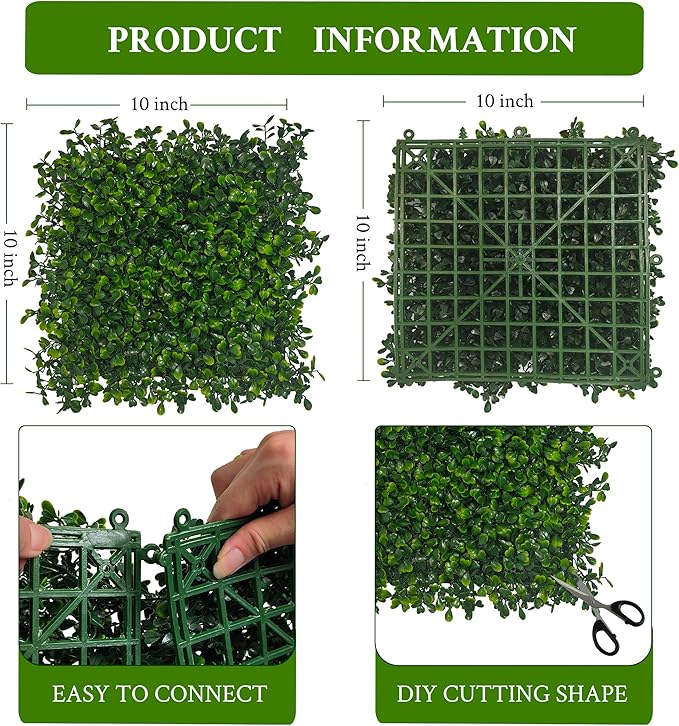 Artificial Grass Wall Panel,10"x 10"(24P) 4-Layer Leaf UV-Anti Greenery Faux Boxwood for Indoor,Outdoor Patio Balcony Privacy & Ivy Fence Covering Privacy, Garden, Backyard Wall Backdrop Decor