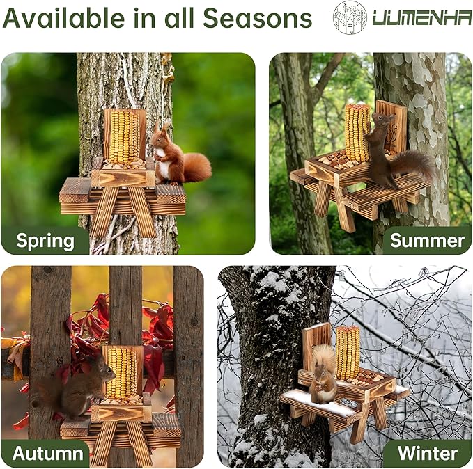 Squirrel Feeder for Outside Funny, Carbonized Wood Squirrel Picnic Table Feeder with Corn Cob Holder & Peanut Tray, Durable Picnic Table for Squirrel and Chipmunk, New Premium Gift