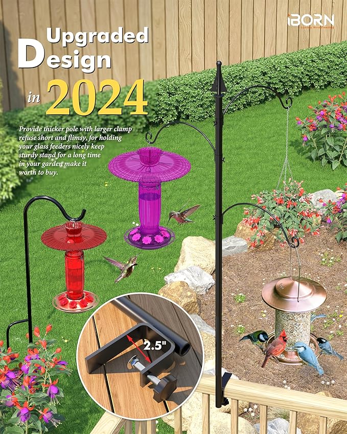 iBorn Shepherds Hooks for Outdoor Clamp On Deck Hook for Bird Feeder 45 Inch Heights Feeder Hangers for Deck Railing Hummingbird Feeders Hanging Tri-Hooks 2024 New (Feeders are Not Included)