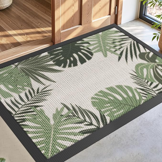 DEXI Front Door Mat Outside Entrance, Summer Tropical Leaves Plant Welcome Doormat, Non Slip Dirt Resist Heavy Duty Entry Mats for Entryway, 3x5, Olive Green
