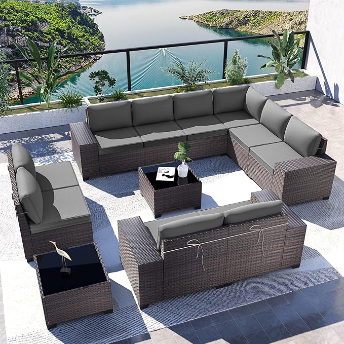 Kullavik 12PCS Outdoor Patio Furniture Set PE Wicker Rattan Sectional Sofa Patio Conversation Sets,Grey