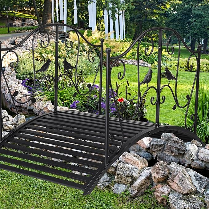 46.9in Outdoor Metal Garden Bridge,Outdoor Decorative Garden Arch Footbridge,Decorative Landscape Bridge,Outdoor Metal Arch Backyard Garden Bridge,with Guardrails,for Backyard, Pond, Lawn (Black)