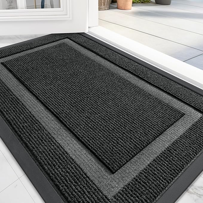 OLANLY Front Door Mat Indoor Outdoor Entrance, Waterproof All-Season, All-Weather Doormat, Sturdy Natural Rubber, Fade Resistant, Low Profile, Easy Clean Patio Porch Entryway Mat, 59x40, Black