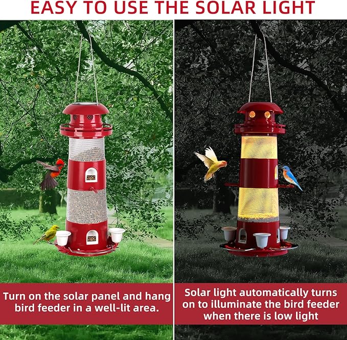 Bird Feeders for Outside, Solar Wild Bird Feeder for Outdoors Hanging, 2.3lbs Metal Birds Seed Feeders with 5 Feed Ports Large Capacity Container Drinking Cups for Wild, Finch