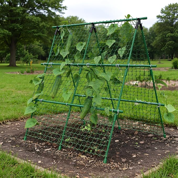 Cucumber Trellis, 4ft x 4ft Green Metal A-Frame Garden Trellis for Climbing Plants – Support for Cucumbers, Tomatoes, Peas, Beans, and Vines, Includes Netting, Fits Raised Beds