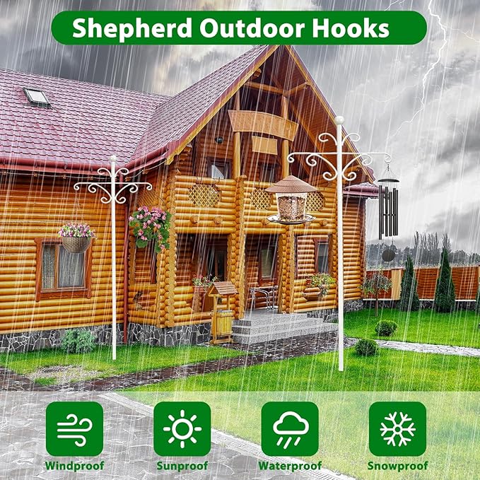 Bird Feeder Pole for Outdoors Heavy Duty Squirrel Proof, 2 Pack 63 Inch Adjustable Tall Shepherds Hooks for Outdoor with 7 Prongs Base, Double Shepherd Hooks (2 Pack White, 63 Inch)