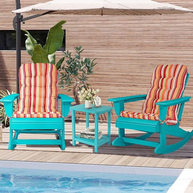 Sundale Outdoor Adirondack Rocking Chair with Cushion, HDPE Patio Plastic All Weather Adirondack Rocker, Water Resistant for Outside, Garden, Pool, Yard, Turquoise