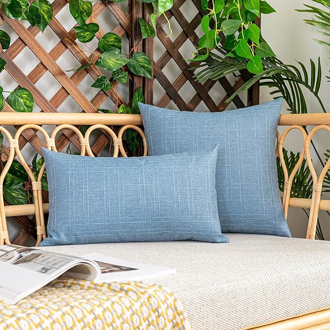 Kevin Textile Pack of 2 Outdoor Waterproof Pillow Covers Checkered Decorative Cushions Sham Throw Pillowcases Shell for Patio Tent Garden Couch Bed Sofa 22x22 Inch Light Blue