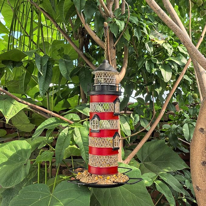 Berfutall-Metal Bird Feeders for Outdoors Hanging, Gravity Protection Squirrel-Proof Wild Birdfeeder，Mesh Hanging Feeder for Eaves, Balcony, Trees - Rotating Beacon, Ideal Gift for Bird Lovers (A)
