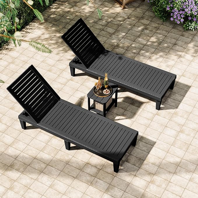 NUNU LAB Outdoor Chaise Lounge Chair Set of 3（2 of Chair and 1 of Side Table）,Waterproof Patio Lawn Chairs Lounge Outside,5-Positions Adjustable Pool Lounge Chair for Garden Beach Poolside,Black