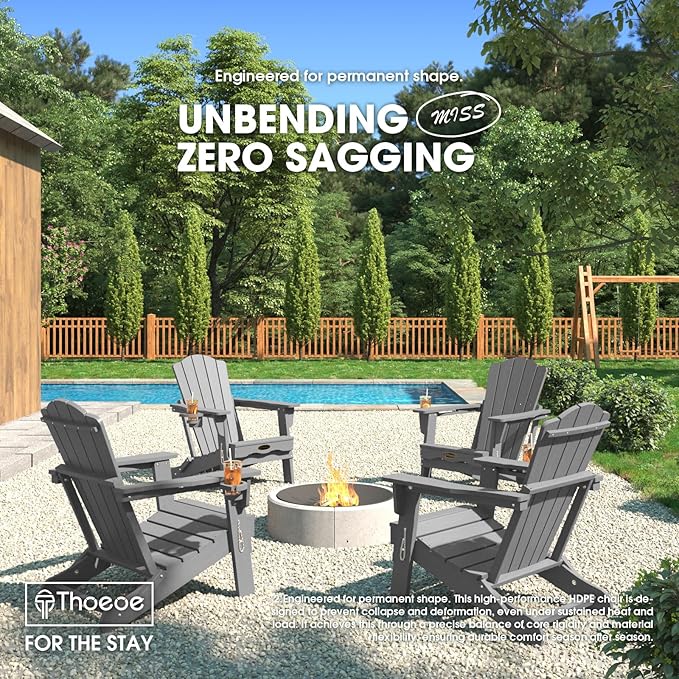 Folding Adirondack Chair Set of 4,HDPE All-Weather Outdoor Chair with Cup Holder,Wooden Textured,Fire Pit Chair,Plastic Patio Chair for Deck,Backyard,Garden,Lawn(Grey)