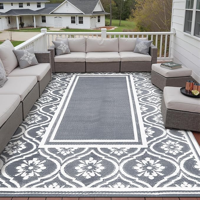 HUGEAR Outdoor Rug 9'x12' Patio Waterproof Mat Camping Carpet Outside Area Rug Reversible Grey Rugs for RV Deck Entryance Porch Picnic Balcony Beach