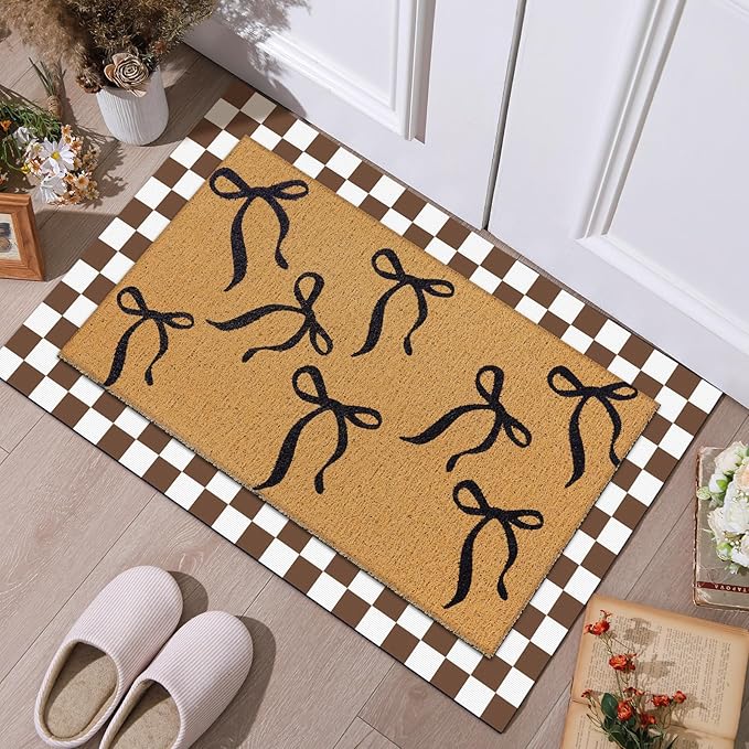Tinideya 2 Pcs Boho Bows Door Mat Welcome Non Slip Coir Mats Floor Layering Doormats Seasonal for Front Porch Entryway Decor