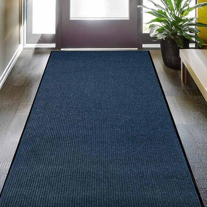 LuxUrux Striped Blue Door Mat (4x8 ft) - Heavy Duty, Easy Clean, Waterproof, Low-Profile - Ideal for Entry, Patio, Garage - Durable for High Traffic Areas.