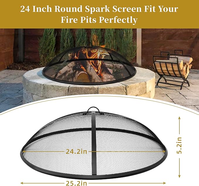 24Inch Round Fire Pit Spark Screen Cover,Outdoor Patio Mesh FirePit Screens,Heavy Duty Steel Domed Fire Pit Ember Guard with Handle