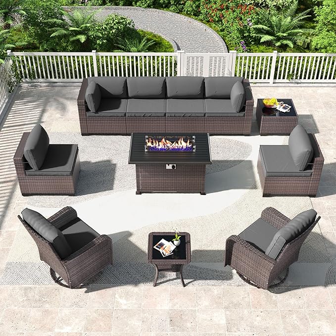 Kullavik 11PCS Outdoor Patio Furniture Set,PE Wicker Rattan Sectional Sofa Patio Conversation Sets with 43" 55000BTU Gas Propane Fire Pit Table,Swivel Rocking Chairs Set,Grey